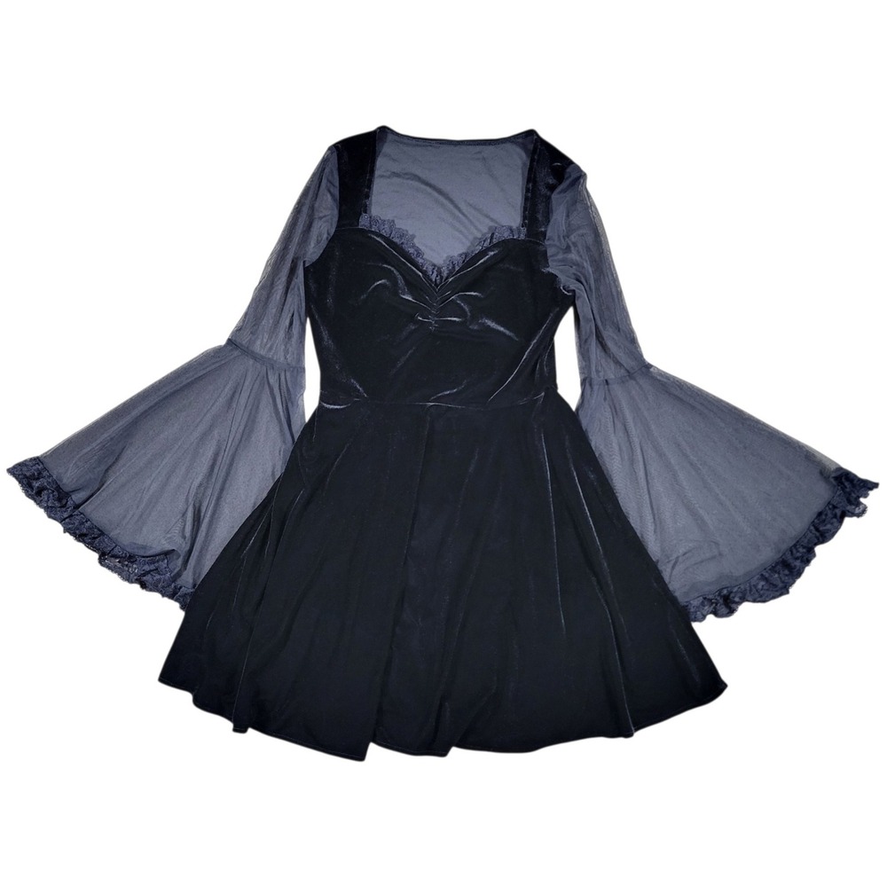 Velvet Mini Dress Womens M Black Mesh Bell Sleeve Gothic Whimsigoth Lace Vampire